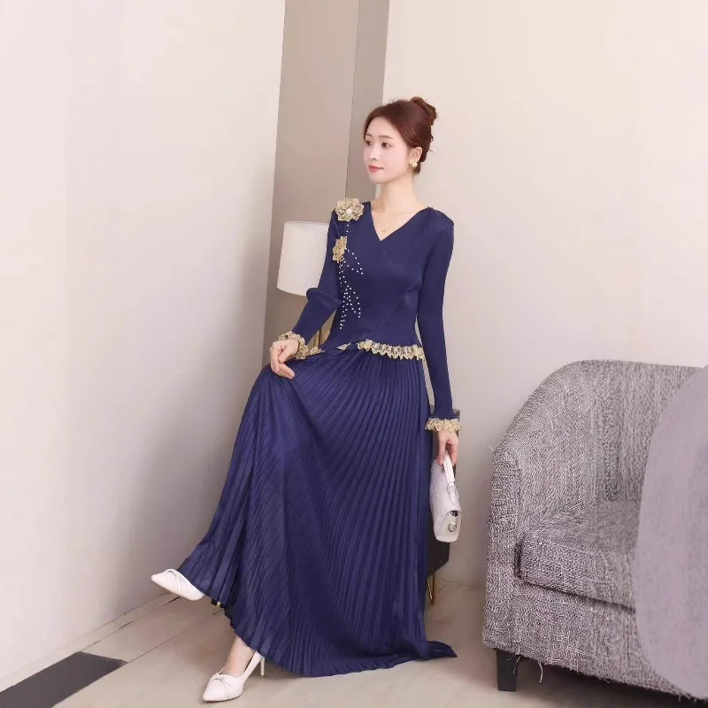 Miyake Pleated Plus Size Dresses Plisse 2026 Spring New Loose Beaded Three-dimensional Flowers Temperament Elegant Long Skirt