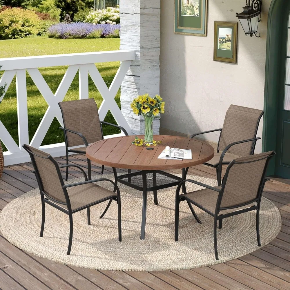 Outdoor Dining Set for 4, Patio Dining Furniture Set Includes 42 Walnut Round Table with Adjustable Umbrella Hole and 4 Brown