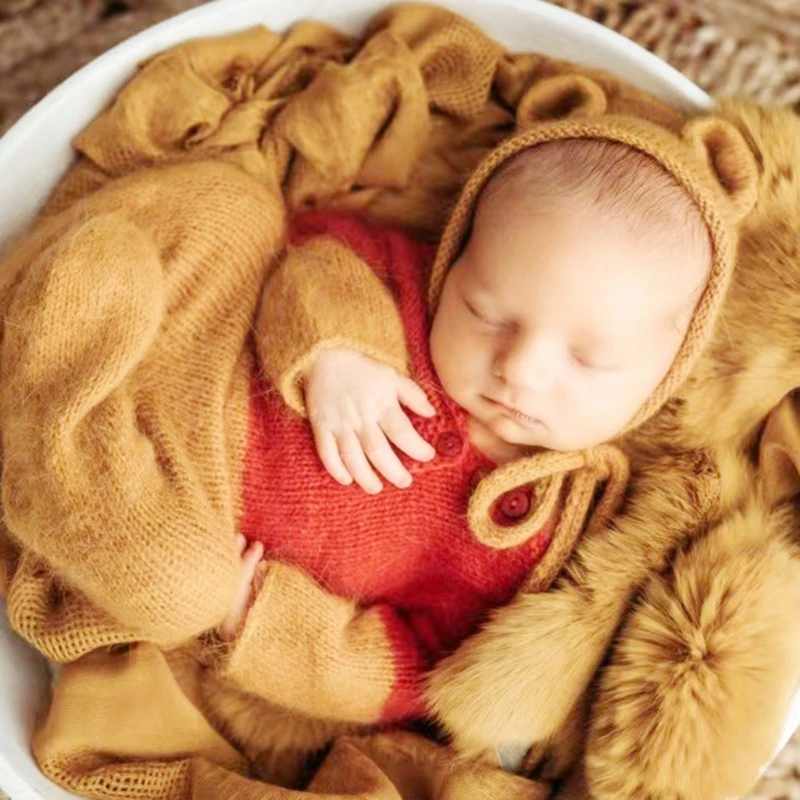 Newborn Bear Ear Photography Set Mohair Hat & Jumpsuit Props for Baby Shoots