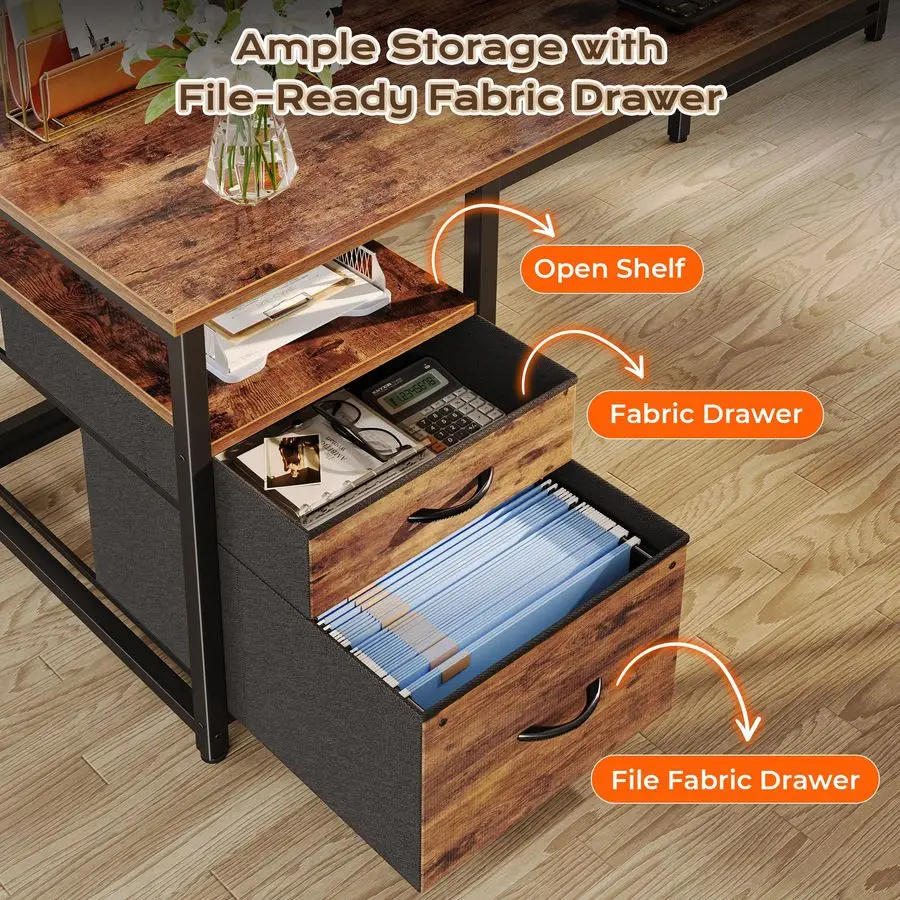 63 Inch L Shaped Desk with Power Outlets and USBC Port, Computer Corner Home Office Desk with File Fabric Drawers and Movable Mo