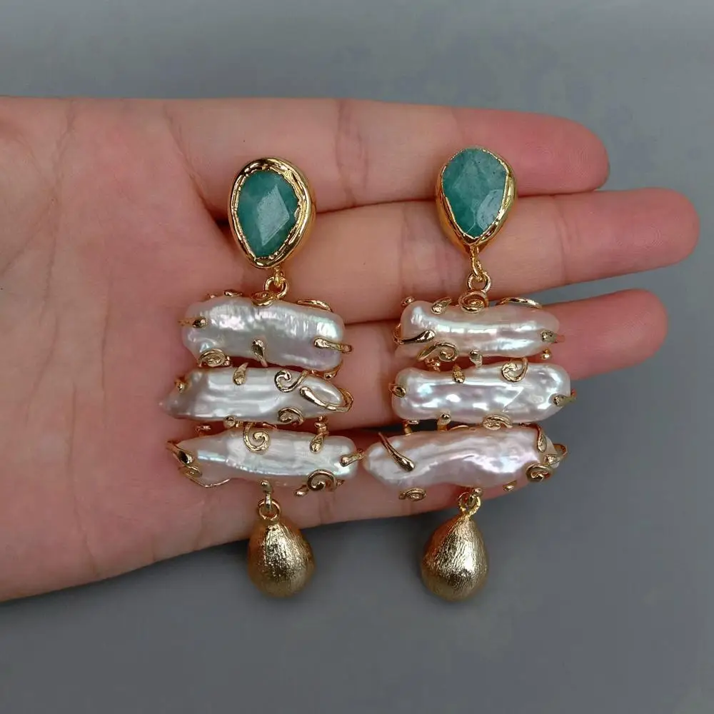 YYGEM Woman Earrings Freshwater 32x31mm Pink Biwa Pearl Green Amazonite Stud Earrings Fashion Jewelry Gift