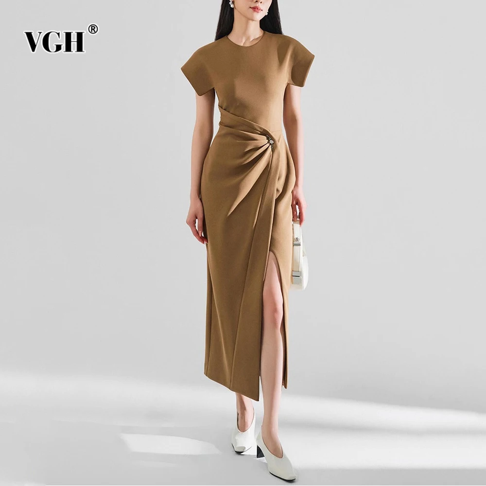 

VGH Solid Designer Slimming Dresses For Women Round Neck Short Sleeve High Waist Spliced Folds Elegant Dress Female Fashion New