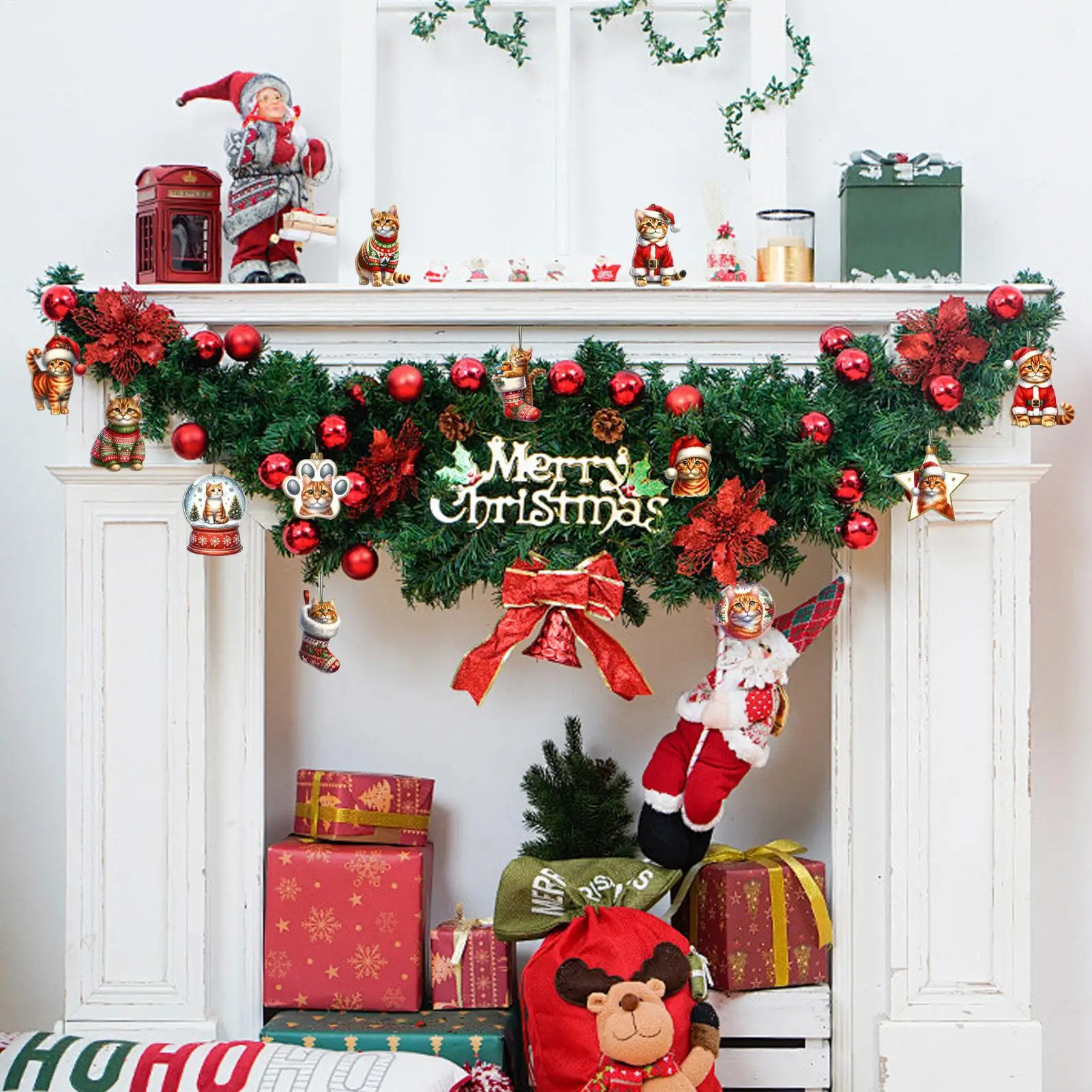 24 peças gato ornamento de natal enfeites de árvore de natal de madeira pingente de férias para casa apartamento sala de estar cozinha