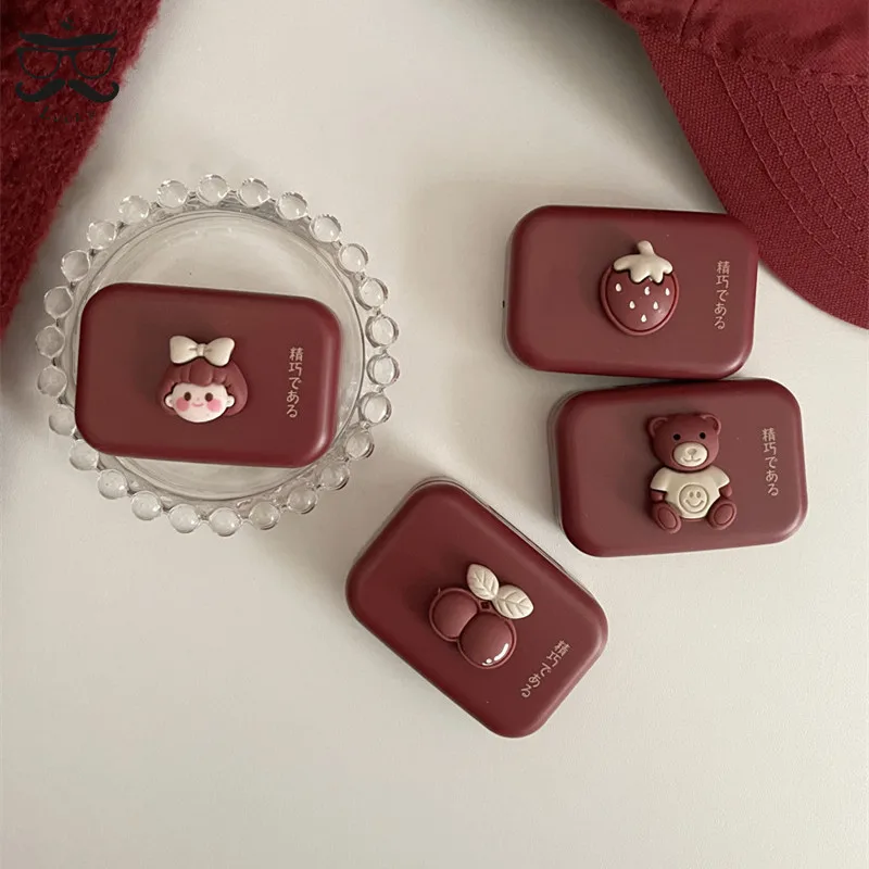 Contact Lens Case Wine Red Stereoscopic Girl Doll Portable Simple Double Companion Case Contact Lens Case