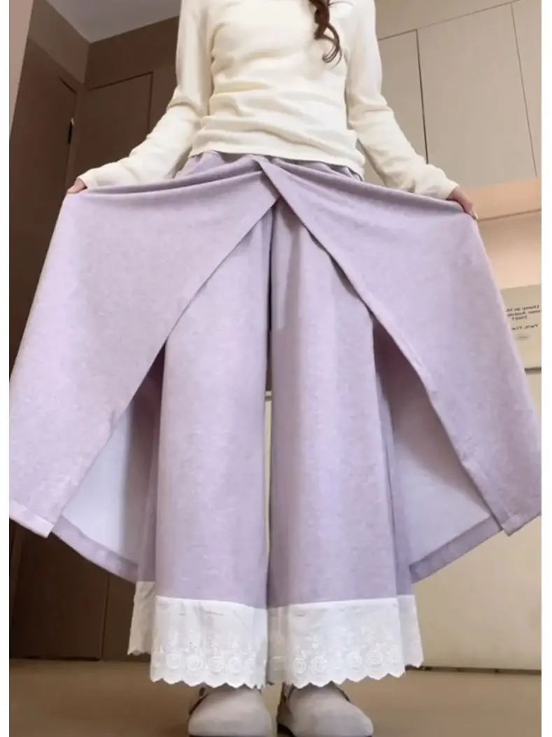 Pantaloni a gamba larga in pizzo tinta unita per donna Pantaloni gonna patchwork allentati a vita alta Pantaloni versatili primaverili autunnali alla moda