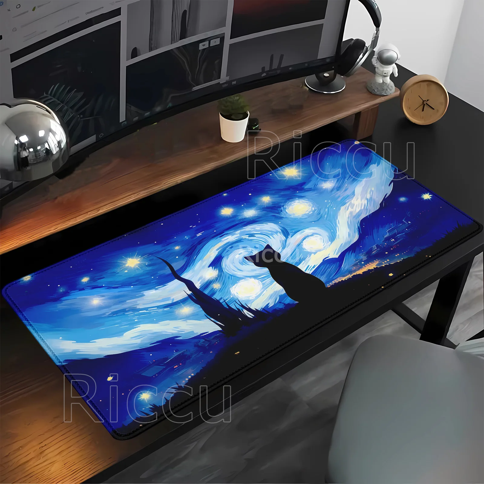 Large mousepad Black Cat starry sky mouse pad cloud and cat cute Mouse Mat Computer Office Accessories rubber overlock Desk Mat