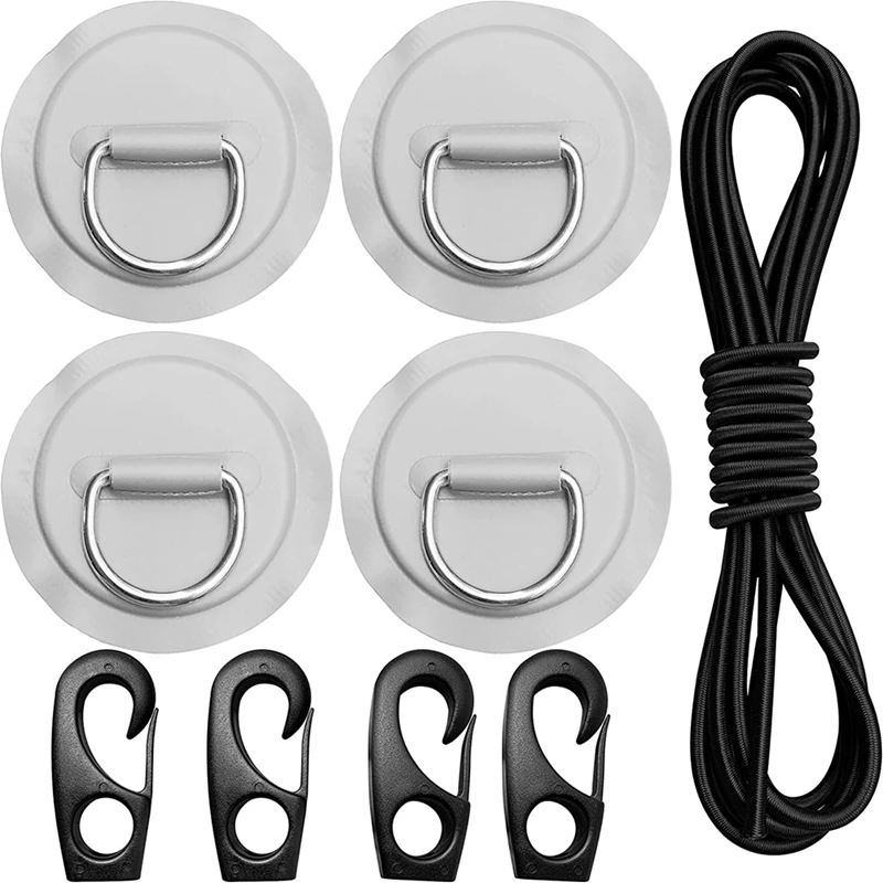 Pad Eye Cord Kit,D-Ring Patch+Bungee Shock Cord+Hooks-Deck Lashing Ring With Plate For Boat Kayak Accessories