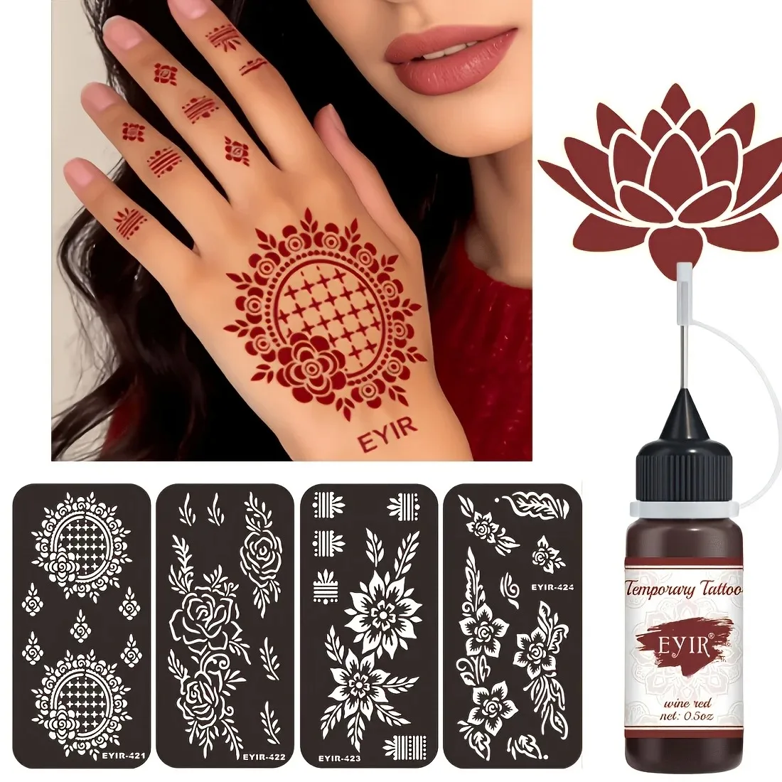 EYIR Wine Red Temporary Tattoo Paste Kit With 4 Floral Mandala Stencil Sets Henna Body Art Ink DIY Hand Painting Design - view 2