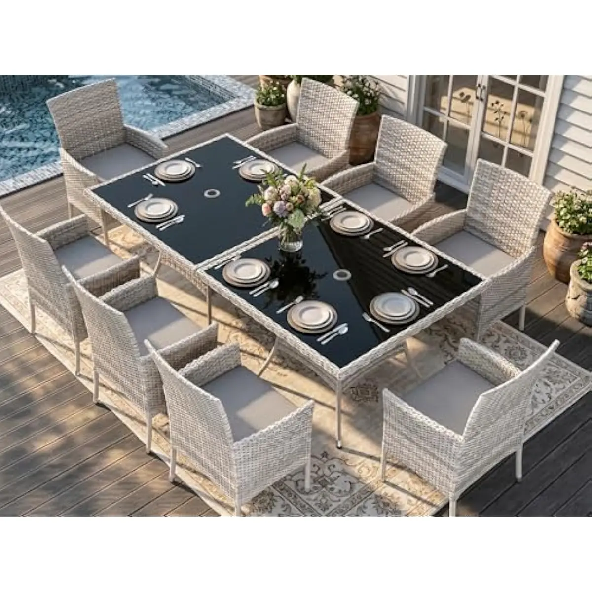 Outdoor 10-Piece Dining Ensemble Featuring Sleek Gray PE Wicker Construction Tempered Black Glass Table Ergonomic High-Back Seat