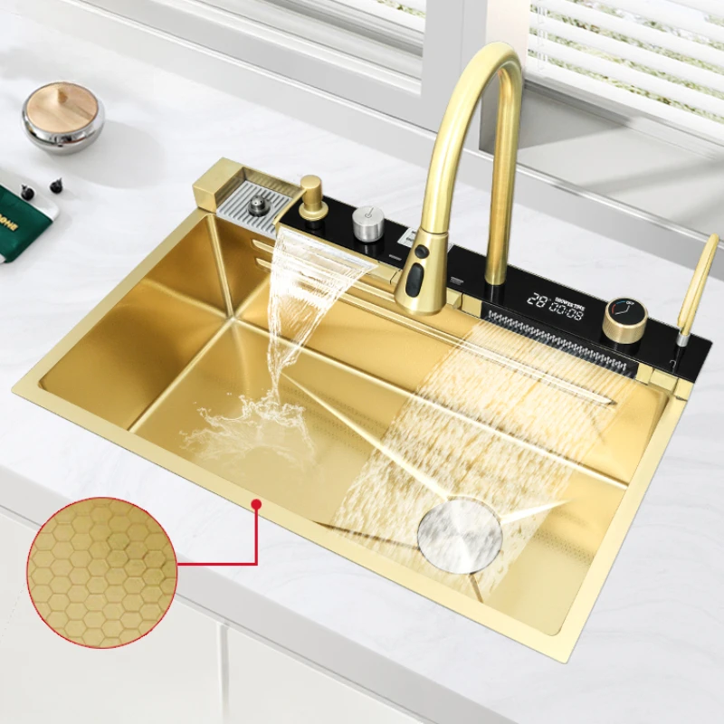 

Light luxury gold whale waterfall intelligent digital display sink 304 stainless steel honeycomb embossed kitchen vegetable