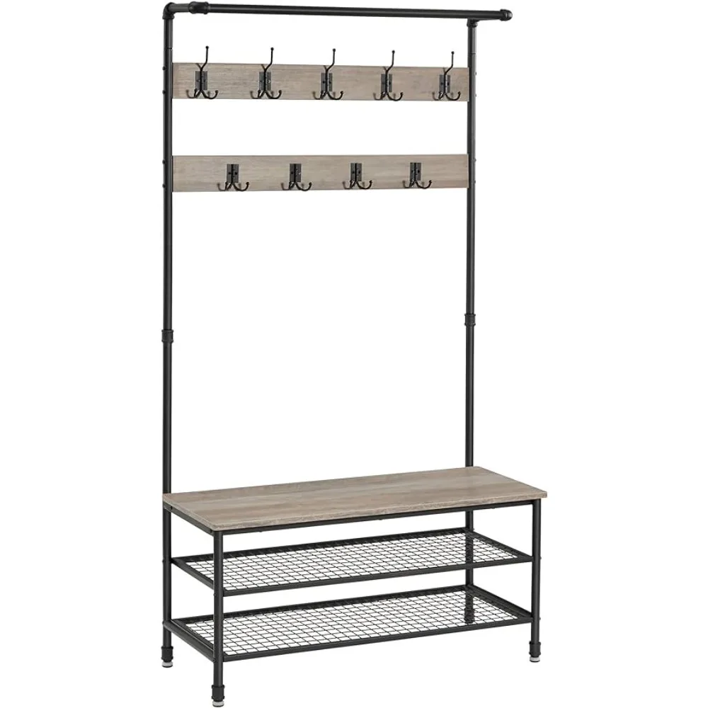 

VASAGLE Industrial Coat Shoe Rack Hall Tree with 9 Hooks, Steel Frame Pipe Style, 39.4 x 16.3 x 71.7 inches, Greige