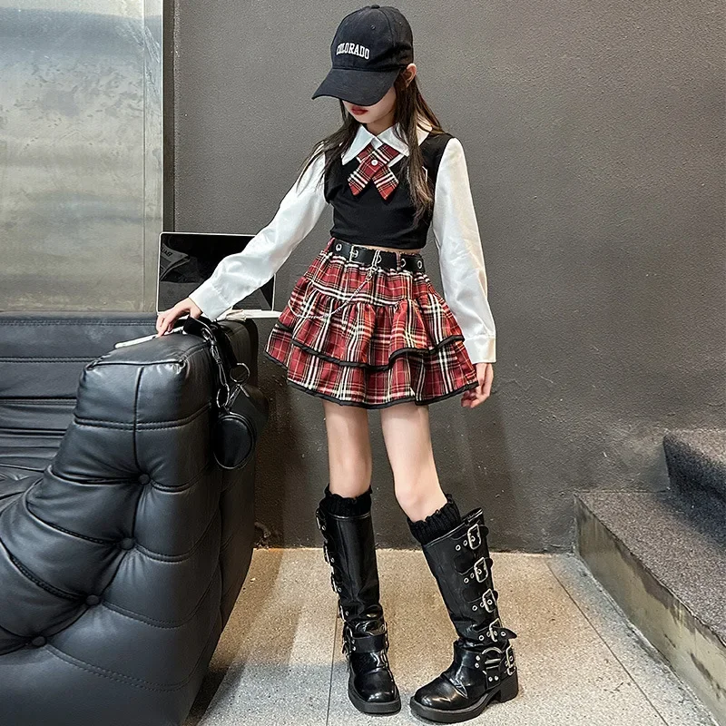 junior girls JK clothes Set Child Internet Celebrity Street Uniform suit Splicing shirt+checkered cake skirt+belt kids outfits