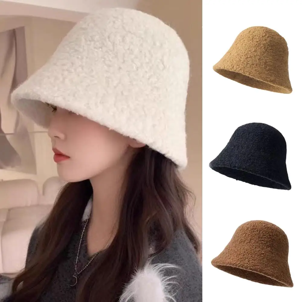 

Lamb Wool Fisherman Cap for Women Winter Plush Basin Hat Korean Style Panama Hats Classic Fashion Winter Casual Solid Cap