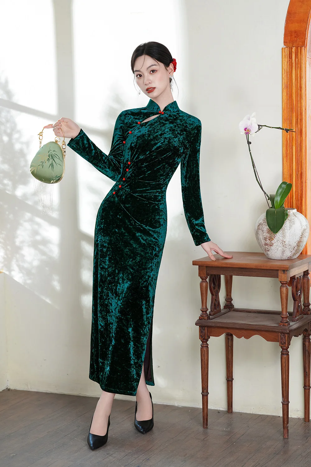 2025 herbst Winter Neue Cheongam Frauen Elegante Qipao Blume Drucken Chinesischen Stil Kleid Langarm Bankett Vestidos Hanfu Kleid