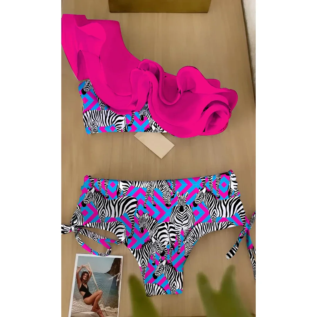 2026 New Print Bikini Ruffle Deep-V Swimwear High Waist Women's Swimsuit Summer Biquini Beachwear Bathing Suit Monkini Female