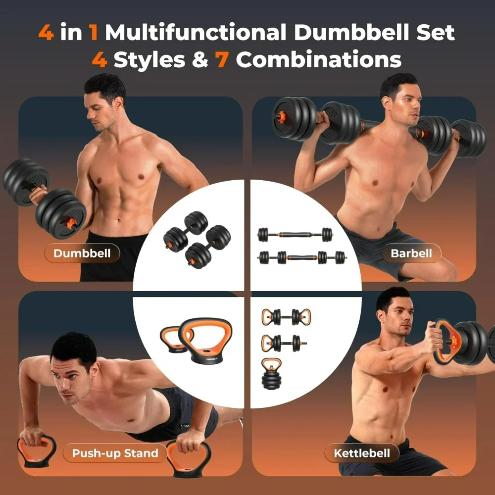 Adjustable Dumbbells,  4 in1 Dumbbells Set Used as Barbell, Kettlebells, Push up Stand, Fitness Exercises