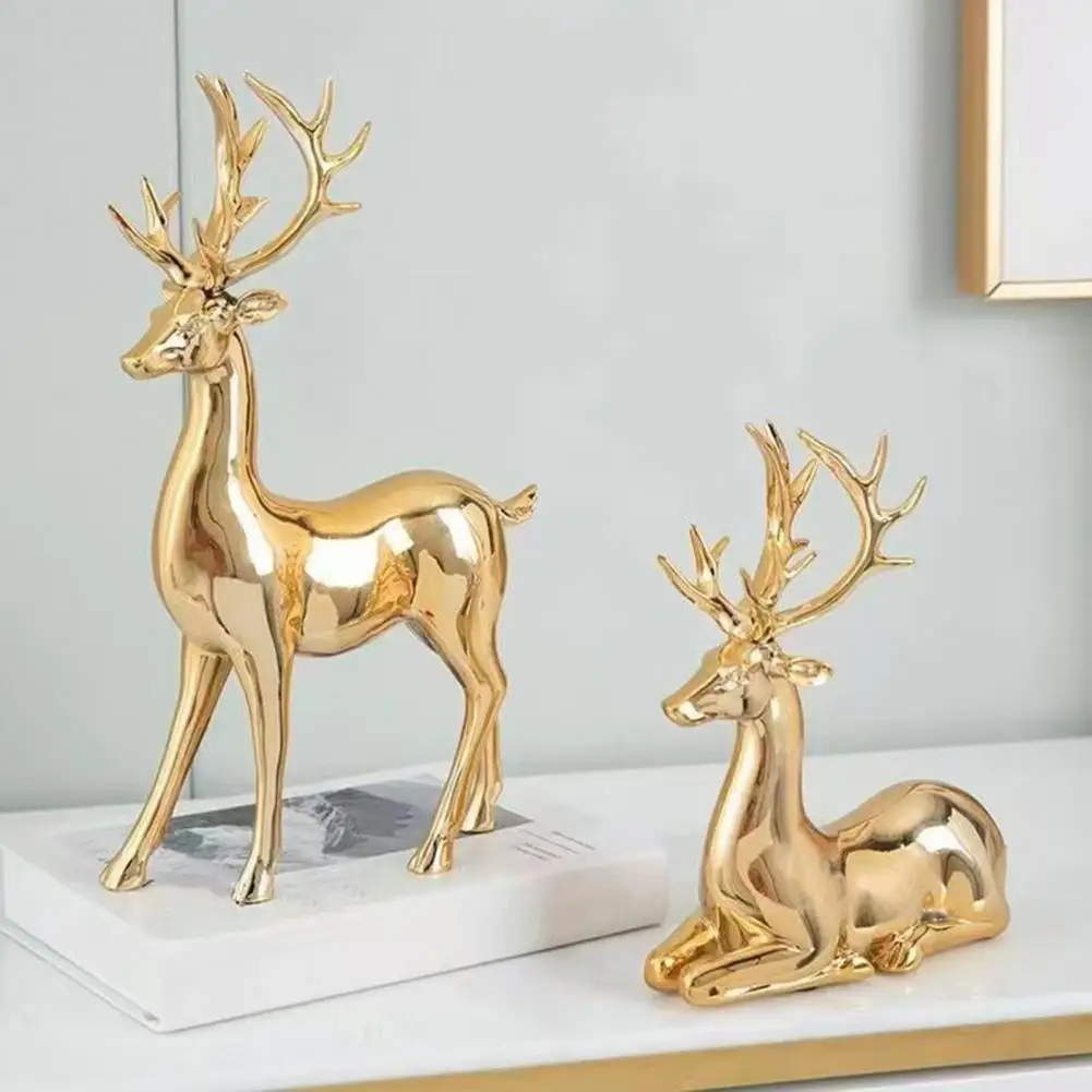 1 Pair Christmas Electroplating Golden Reindeer Statue Standing Sitting Elk Figurine Deer Sculpture Home Decoration Ornament