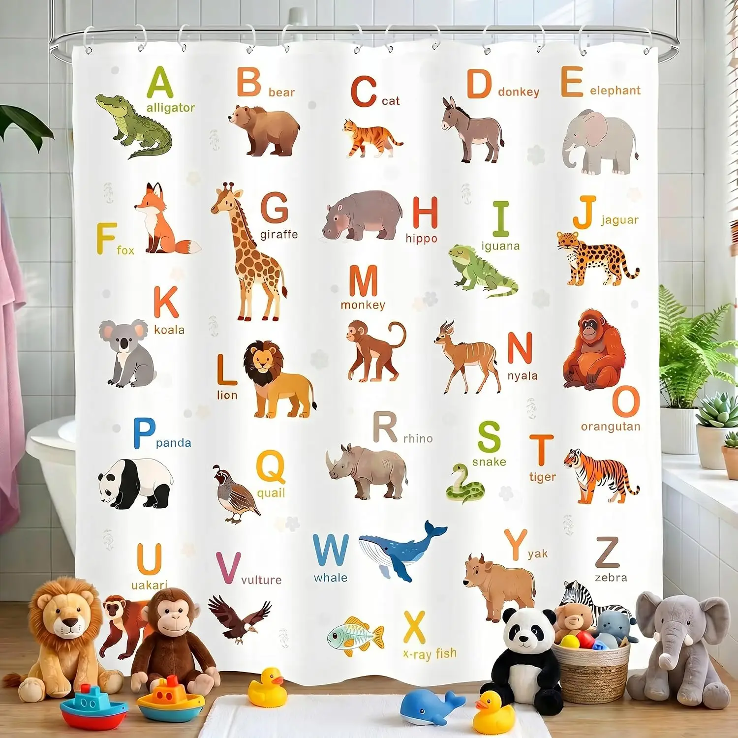 Waterproof Kids Educational Alphabet Animal Shower Curtain Bathroom Nursery Decor Zoo Jungle Print 72x72 Inches