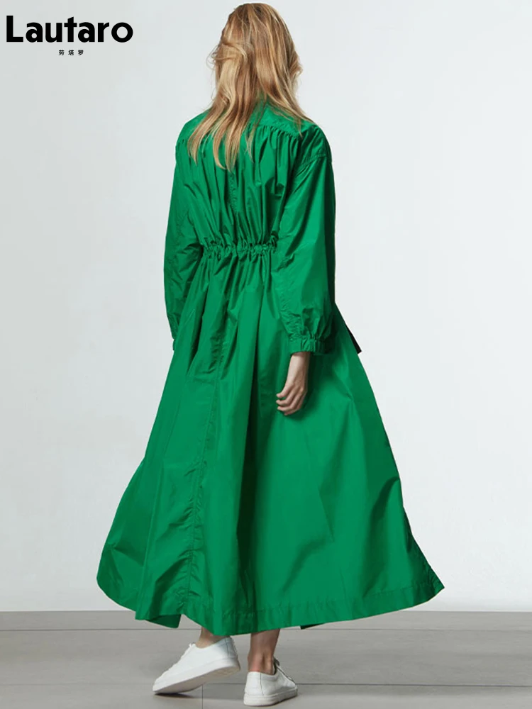 Imagem -02 - Lautaro Primavera Outono Extra Longo Oversized Verde Trench Coat para Mulher com Bolsos Grandes Cordão de Luxo Designer Moda 2023