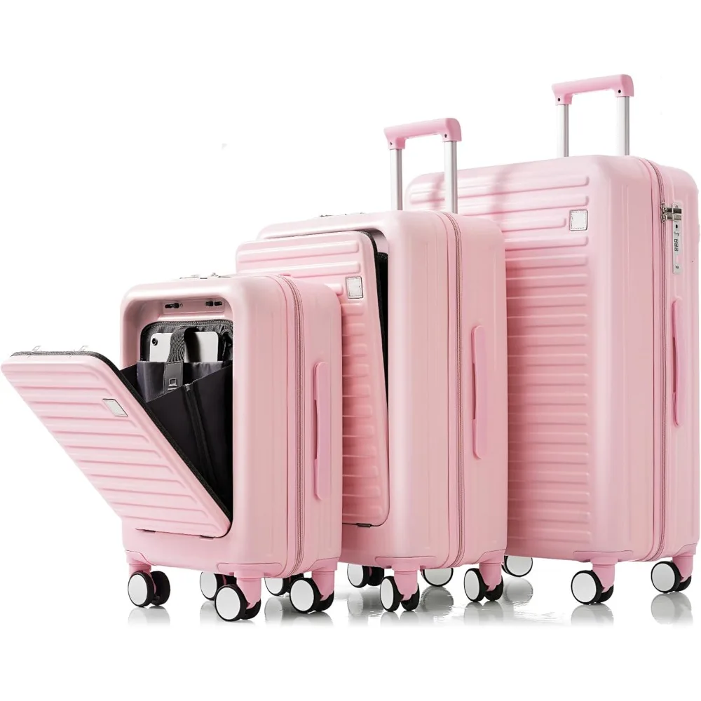 3-piece luggage set with spinner wheels, hard shell, lightweight, tsa lock, usb port, cup holder, 20" or 24" with front opening