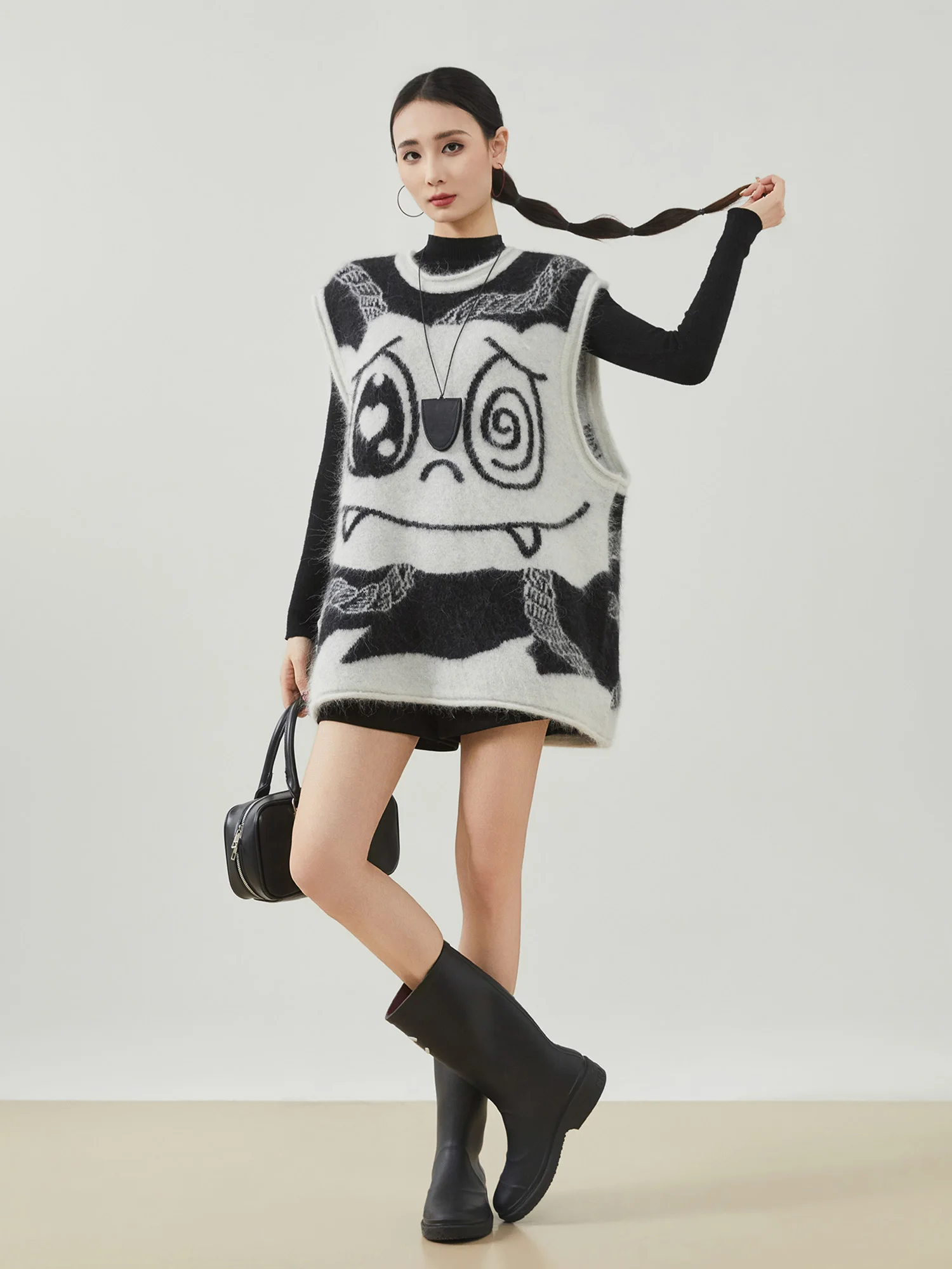 

Свободный женский вязаный жилет средней длины с уникальным принтом Color Blo Monster, удобный, в корейском стиле, для повседневного образа