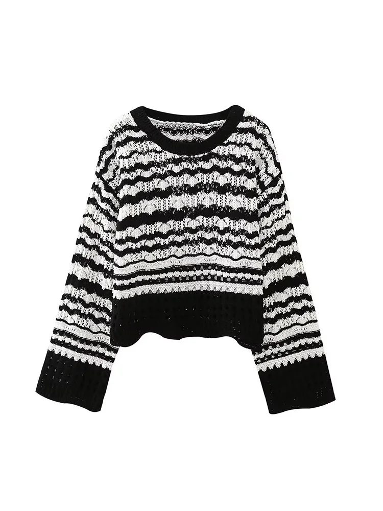 

European and American style women's clothing new 2024 fashion all-match round neck contrast color detail knitted sweater
