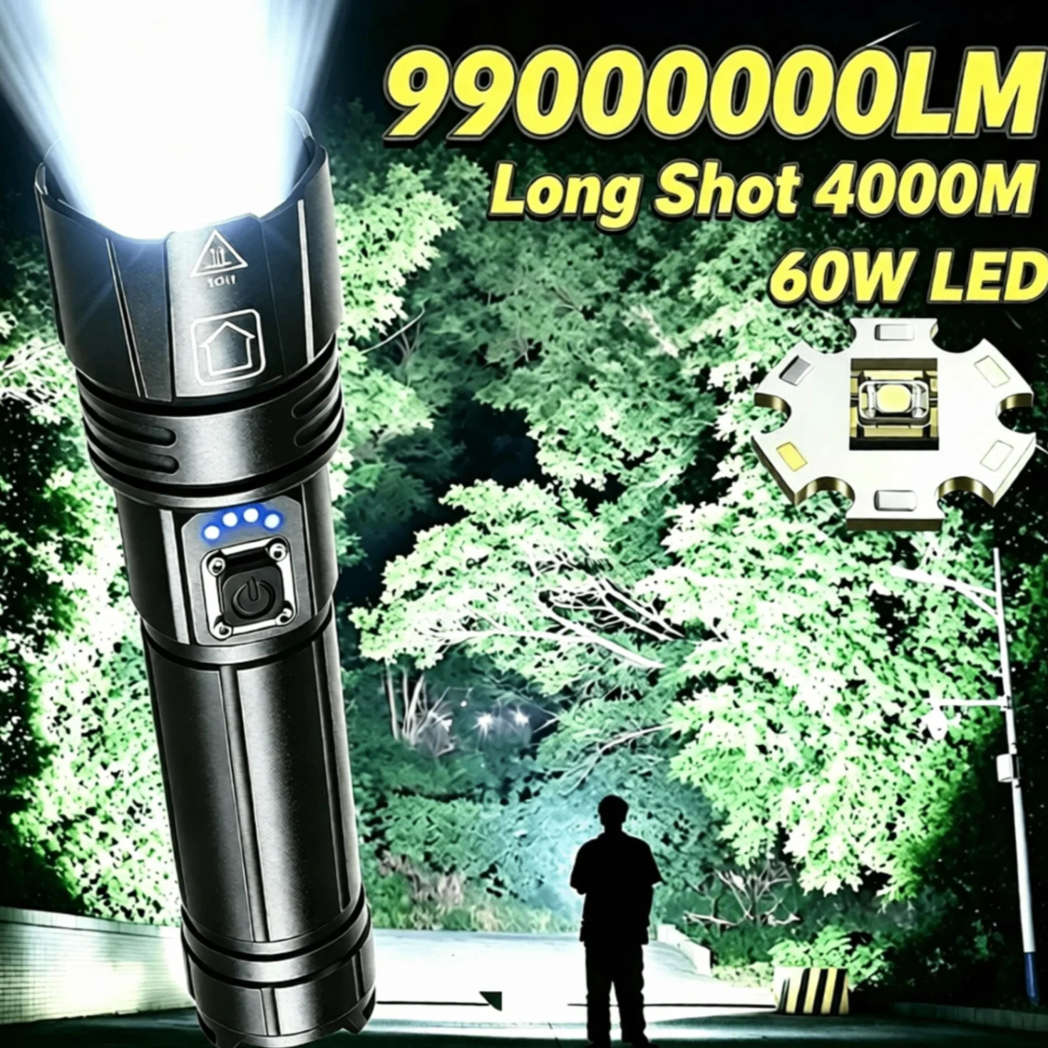 99000000LM 60W LED Flashlight Portable Type-C Rechargeable Lamp Super Bright Tactical Flashlight Outdoor Fishing Camping Light