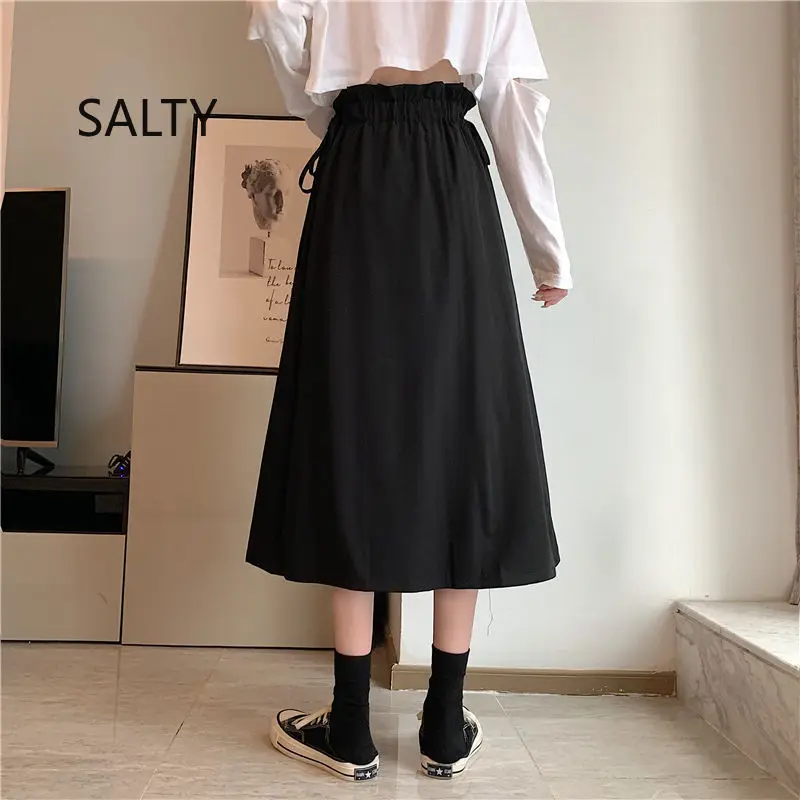 2025 New Korean Skirt Women Solid Mid-length Pleated Skirt Black and Grey Lace-up Skirt Female Long Skirts for Woman