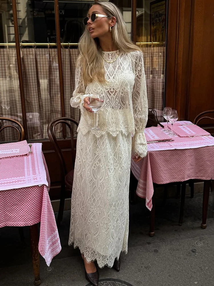

Trendix Elegant Lace Dress Two Piece For Women Hollow Out Long Sleeve Pullover Vintage Boho Ruffle Skirt And Lace Up Tops Sets