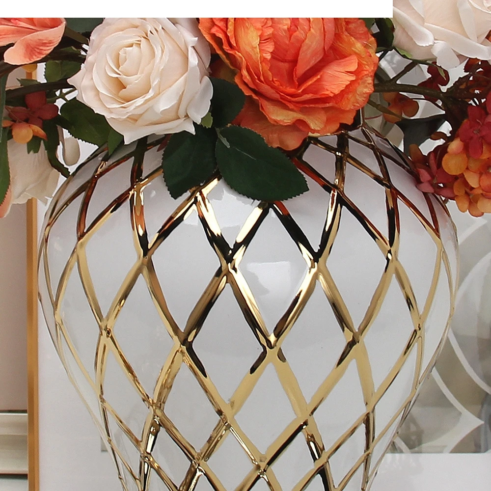 Golden Ceramic General Jar Gold Grid Pattern Ginger Porcelain Storage Handicraft Ornaments Decorative Accessories