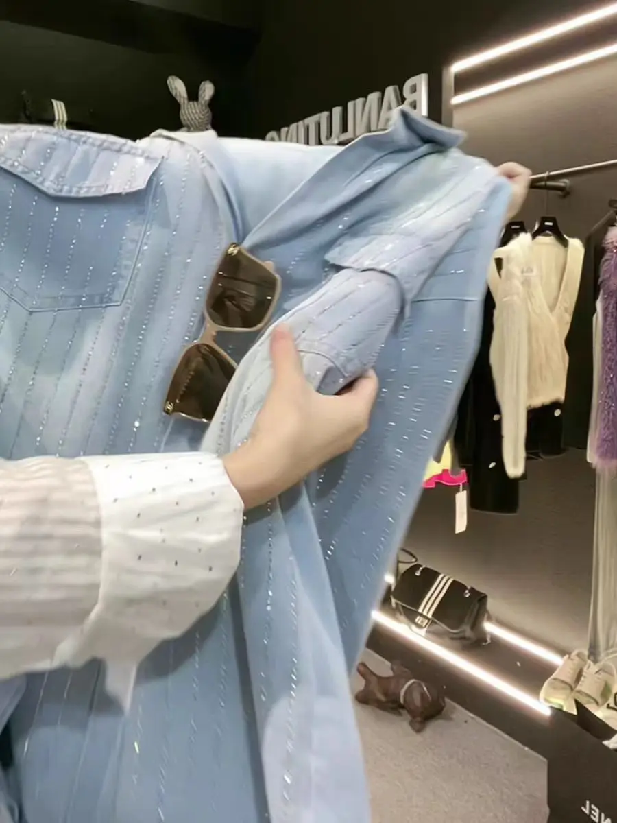 الفاخرة نمط Blingbling الترتر جيب الدنيم سترة بلايز للنساء المتضخم موضة الربيع قمصان جينز البلوزات #3