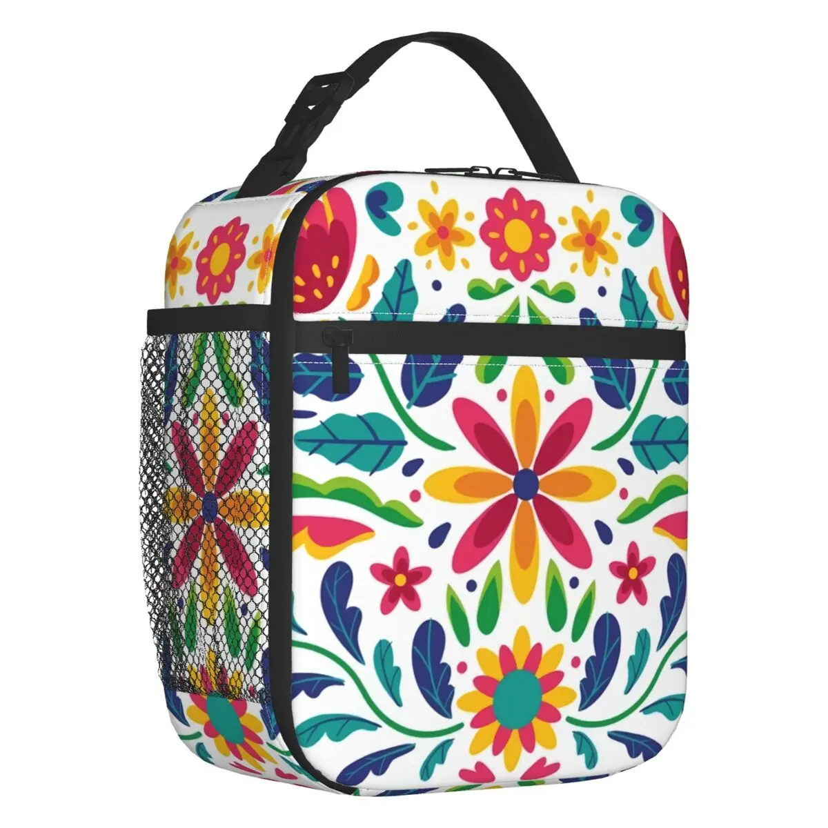 Mexican Flowers Thermal Insulated Lunch Bags Women Portable Lunch Tote for Kids School Children Multifunction Food Box