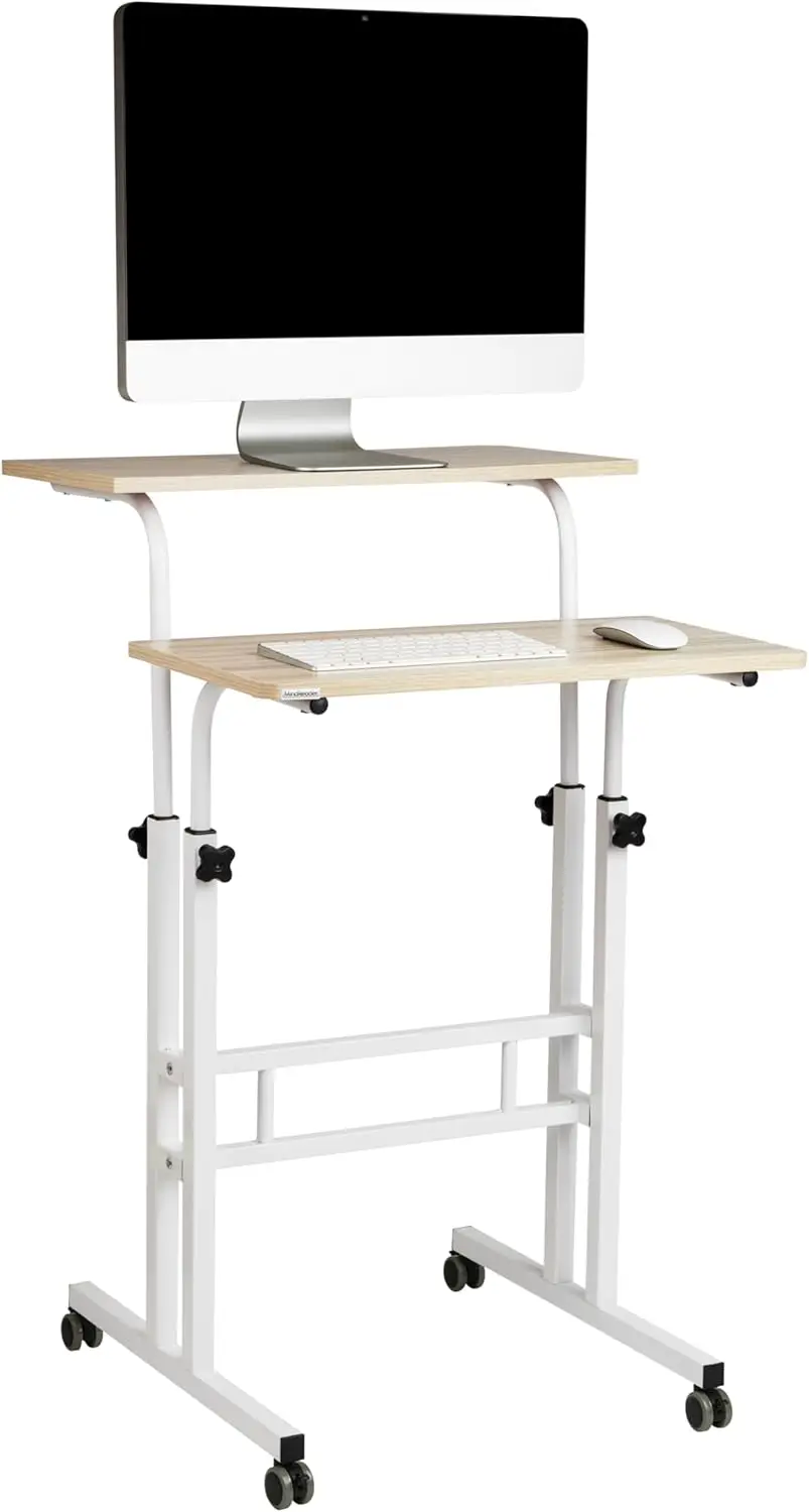 Adjustable Height Standing Desk with Wheels, Portable Laptop Workstation, Two-Tier Metal Frame in White