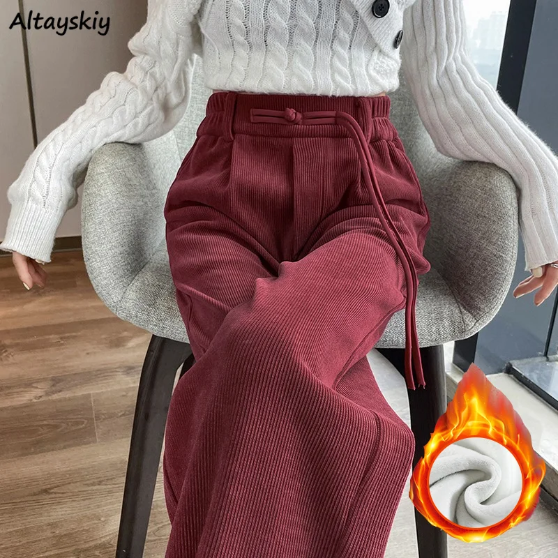 

Wide Leg Pants Women Chinese Style Button Autumn Winter Plus Velvet Casual Trousers Elegant Ladies Temper Vintage All-match Chic