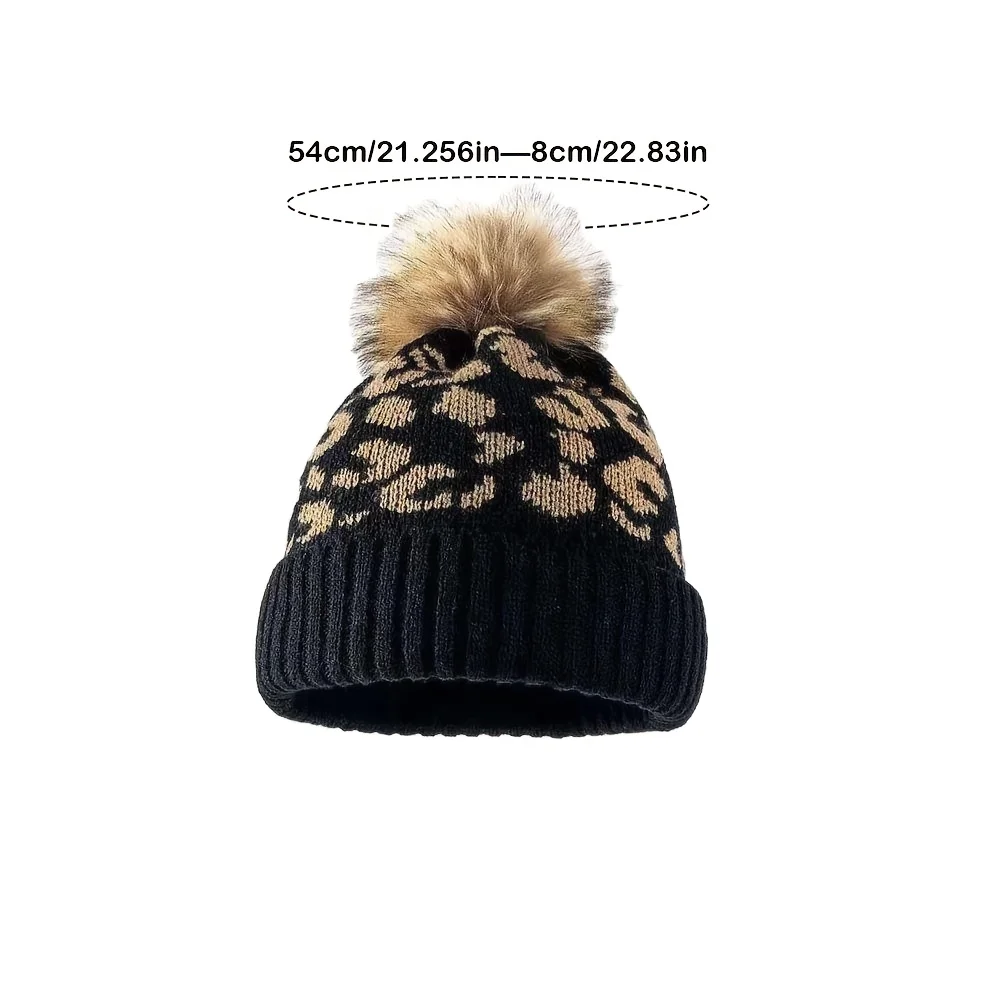 Leopard Print Curled Edge Wool Ball Knitted Hat for Women's Outdoor Warmth, Thickened Autumn and Winter Woolen Hat