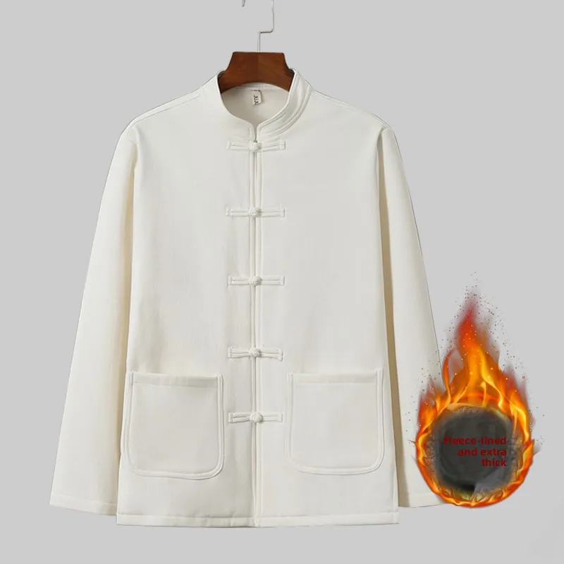 

Men's Winter Warm Fce Lined Thiened Loose Casual irt Large Size Dad Sle Tang Costume Trendy Cotton Linen Long Sve