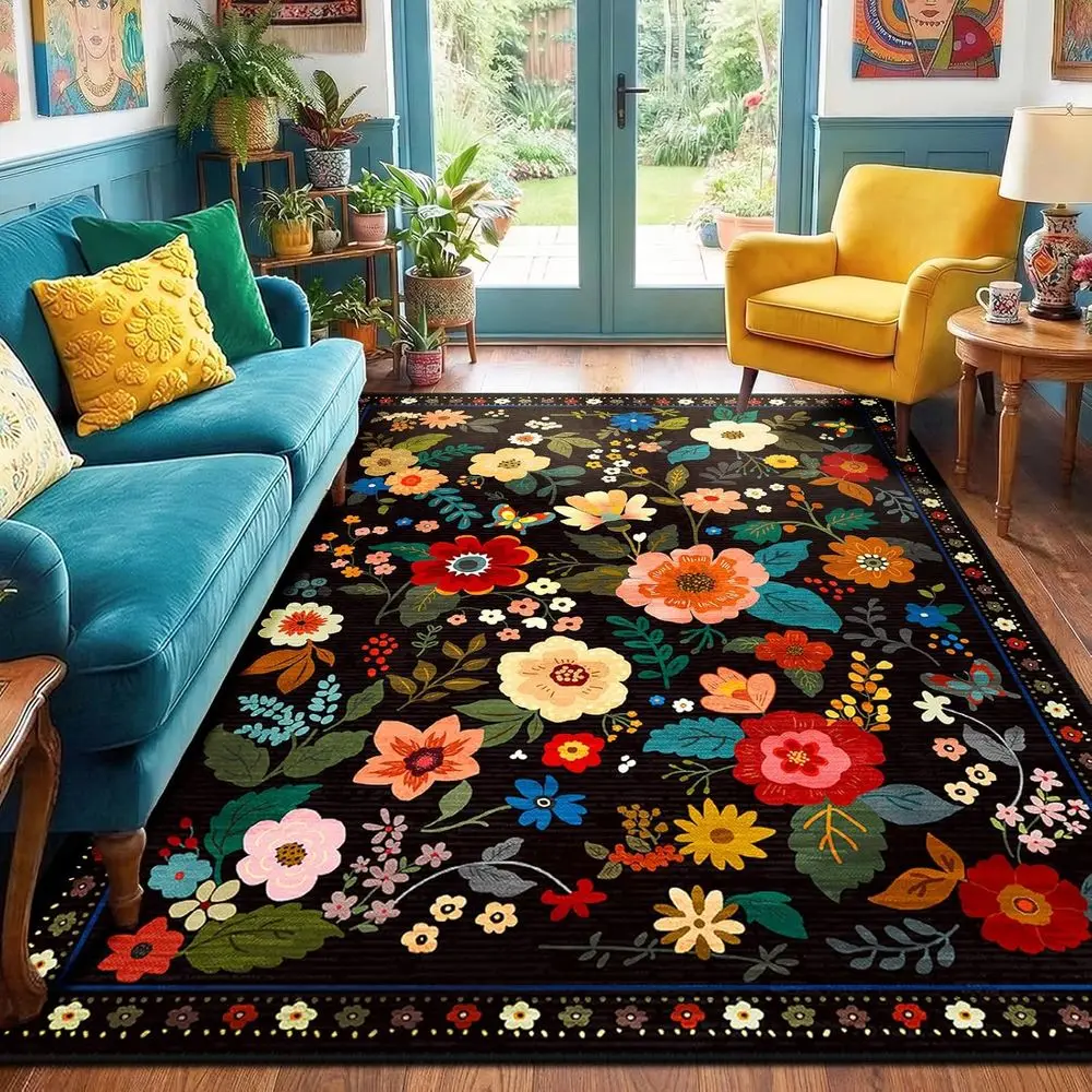 

loral Nursery 5x7 Area Rugs Washable Print Boho Cute Carpet Non Slip lower Low Pile or Living Room Kids Girls Playroom Bedroom K