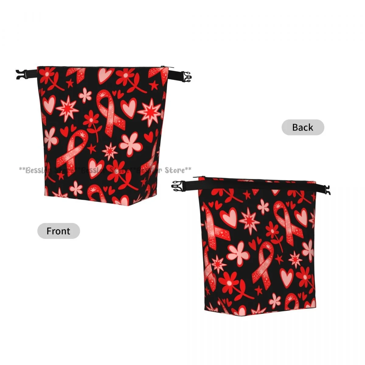 Roll-Top Insulated Lunch Bag Breast Cancer Pattern Thermal Bento Box Bag Portable Cooler Bag for Picnic