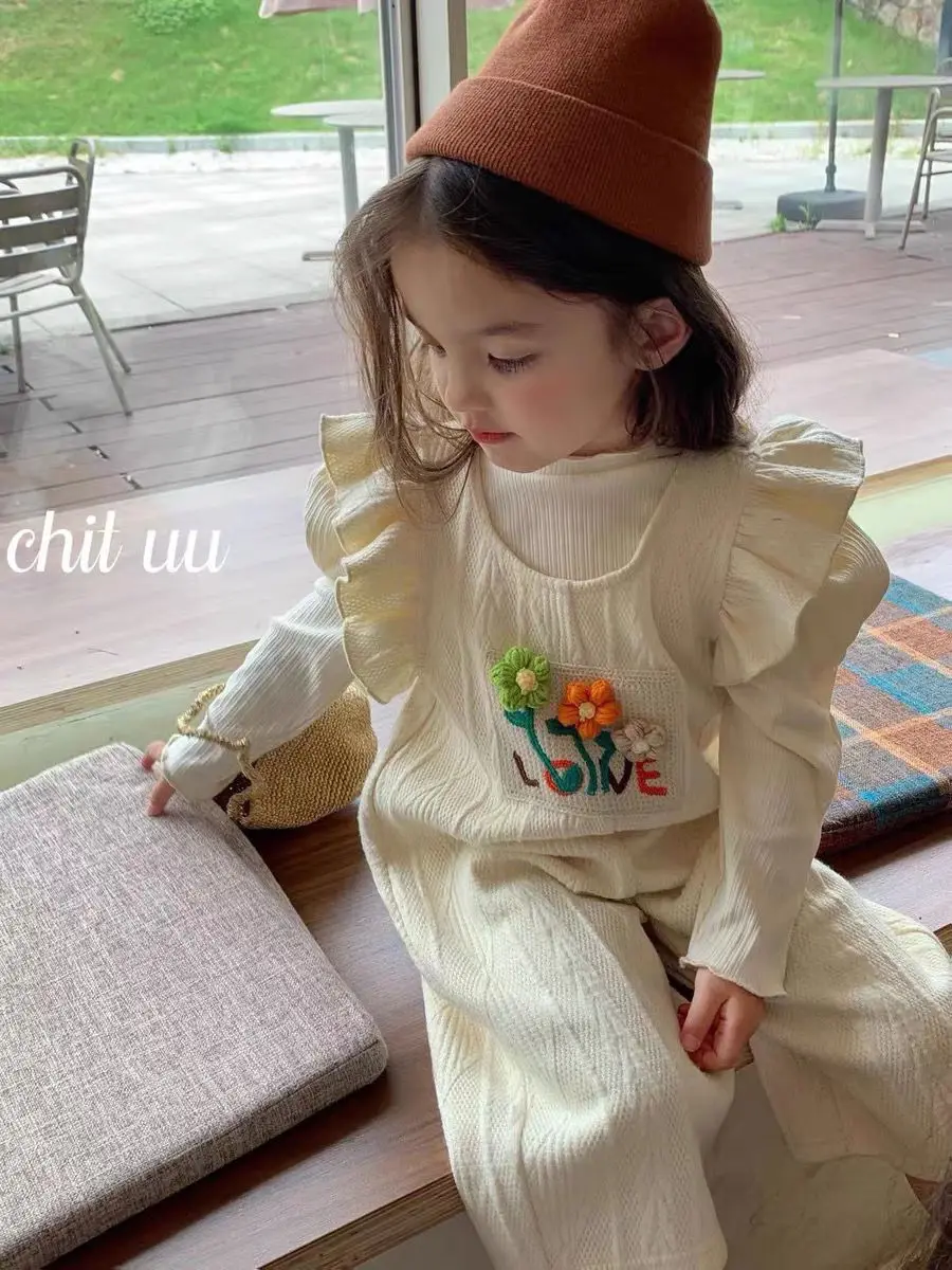 

Girls' Autumn Set 2025 New Style Korean Loose Children's Bottom Shirt Flower jumpsuit 2-piece Set