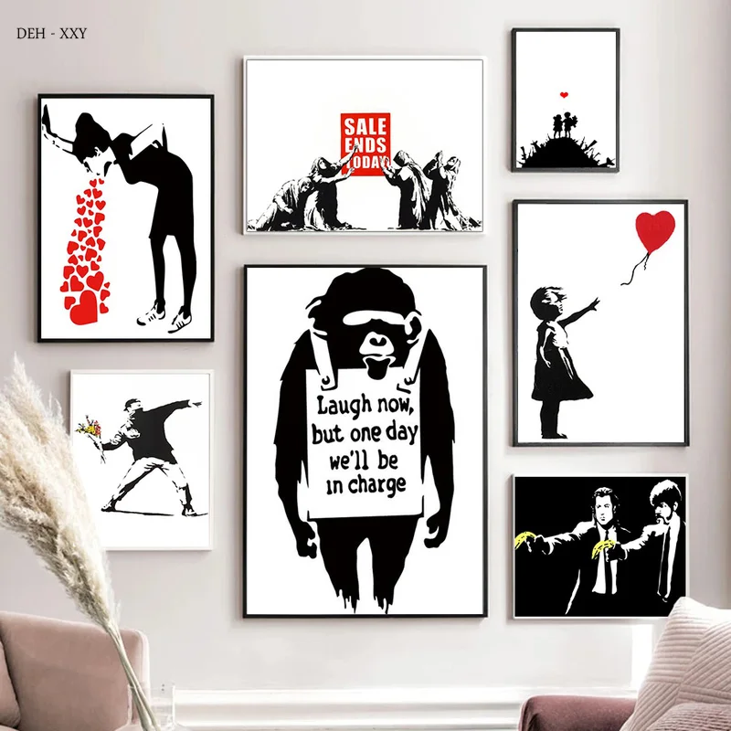Banksy Artwork Canvas Paintings Peace and Love Theme Posters Black White Pictures for Modern Home Living Room Decor Unframed