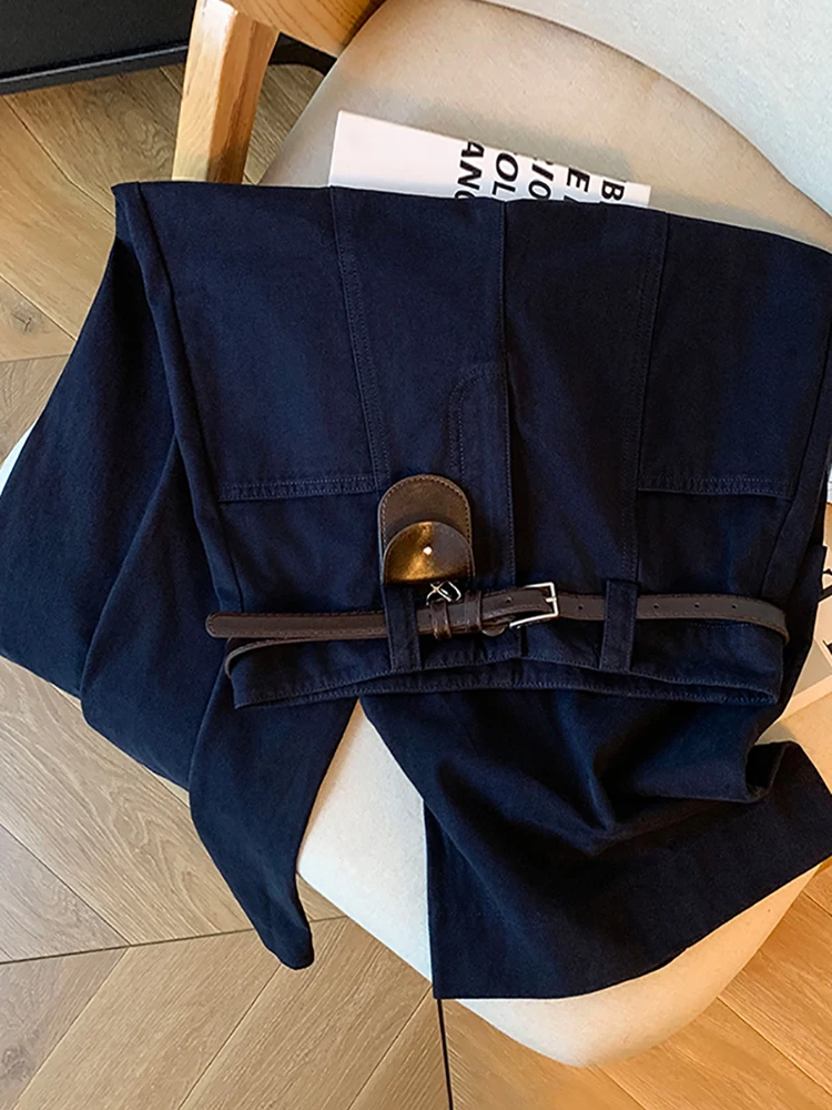 

Джинсы прямого кроя с высокой талией, женские повседневные брюки с поясом, корейский стиль, новинка ранней осени, простой дизайн, полиэстер