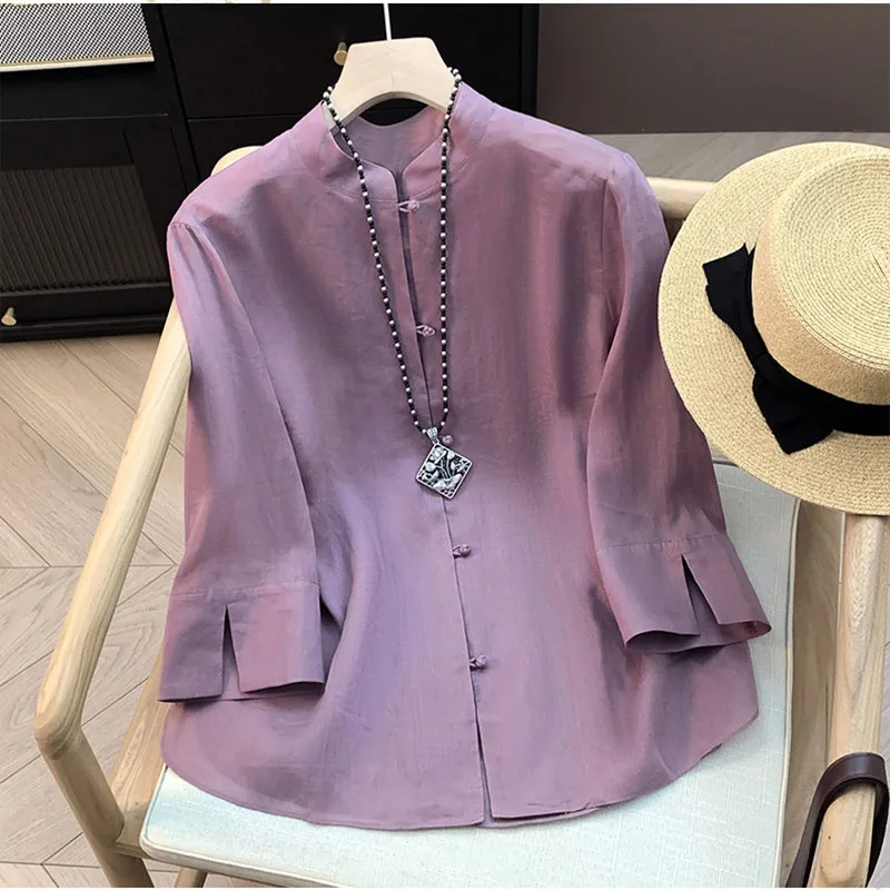 

Женская летняя рубашка-кардиган в китайском стиле из хлопка и льна с воротником на пуговицах, укороченный рукав, минималистичный дизайн, 2026