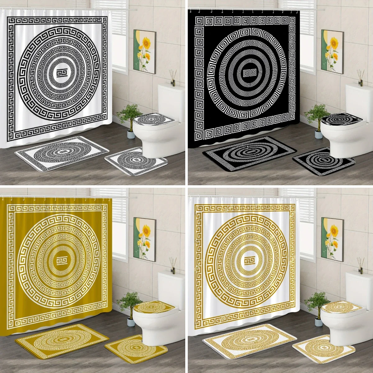 Ethnic Greek Key Shower Curtains Bath Mat Traditional Meander Border Bathroom Non-Slip Toilet Floor Rug Decor Luxury Carpet Set