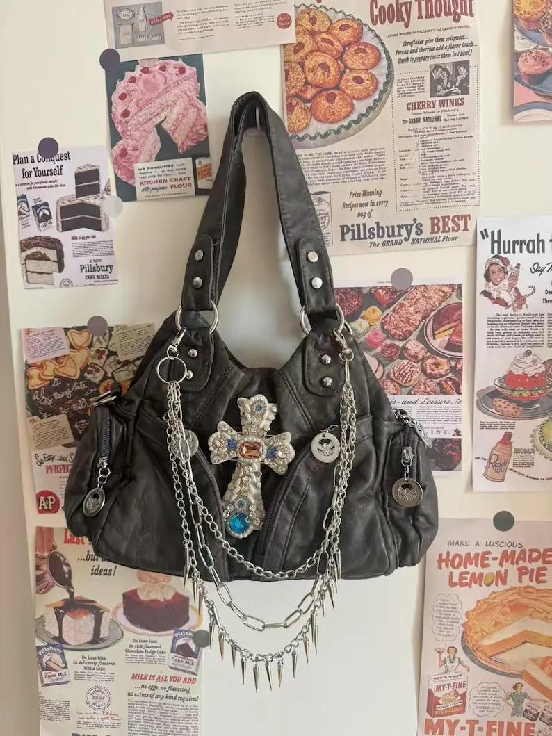Trendy Black Handbag Extra Crossbody Strap Cute Crossbody Bags Handbag Y2k Unique Cross Patch Shoulder Goth Bag