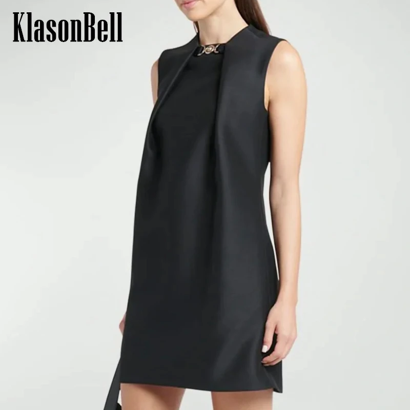 4.9 KlasonBell Fashion Elegant Neckline Metal Button Decoration Mini Dress Women O-Neck Sleeveless Collect Waist Tank Dress