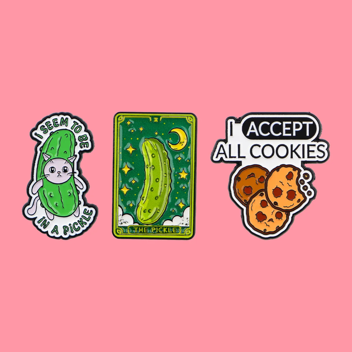 Pins de esmalte, broches, insignias de solapa y pines con diseños de: Entusiasta de pepinillos en conserva, Cartas del Tarot, Galletas, Citas de Internet. Joyería de moda y regalos.