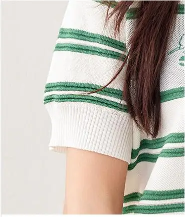 Stylish Striped Knit Cardigan Sweater For Women 2024 Summer O-Neck Short Sleeve Single-breasted Ladies Knitwear Top