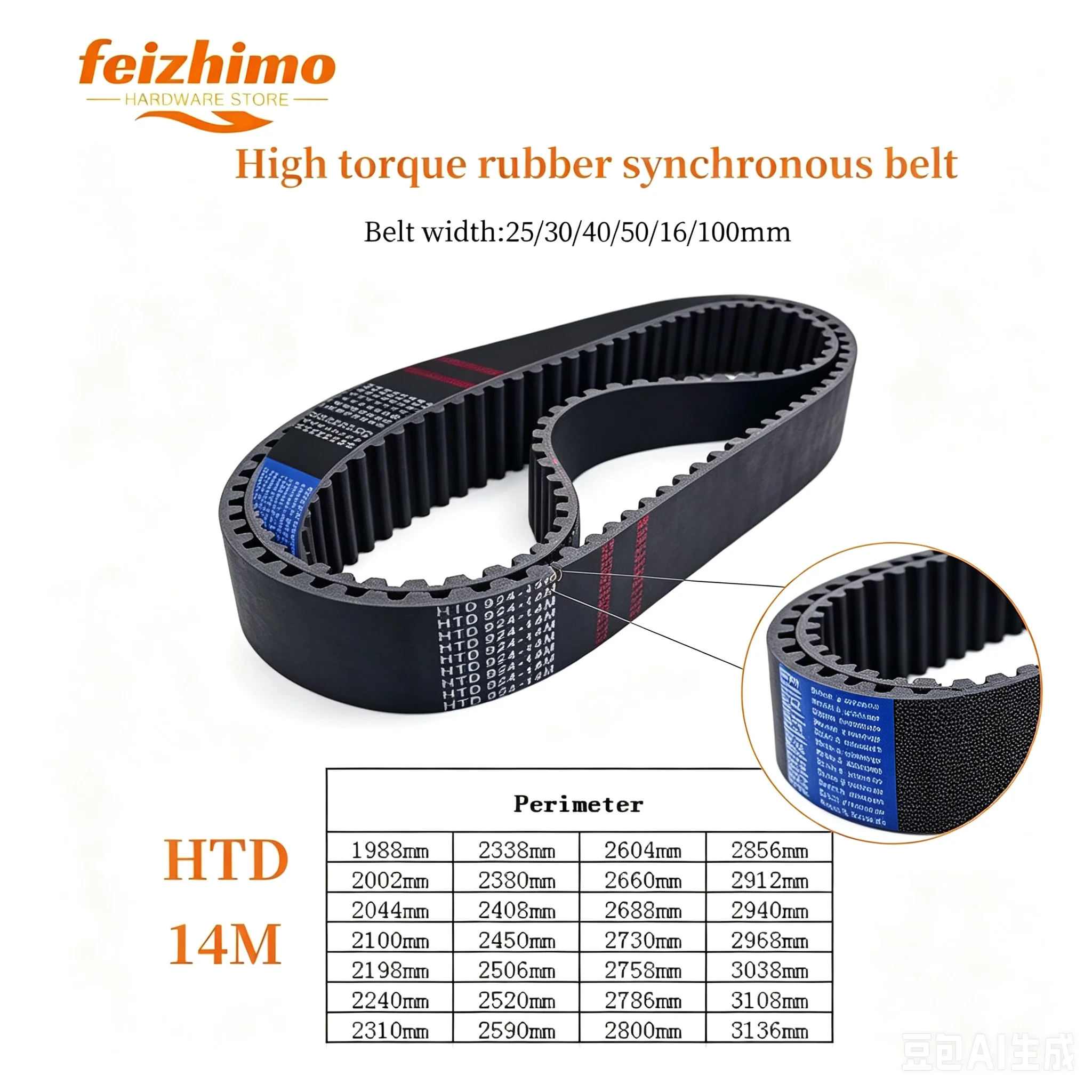 FM HTD14M High Torque Rubber Synchronous Belt Various Widths 1988-3136mm Circumference for Industrial Applications
