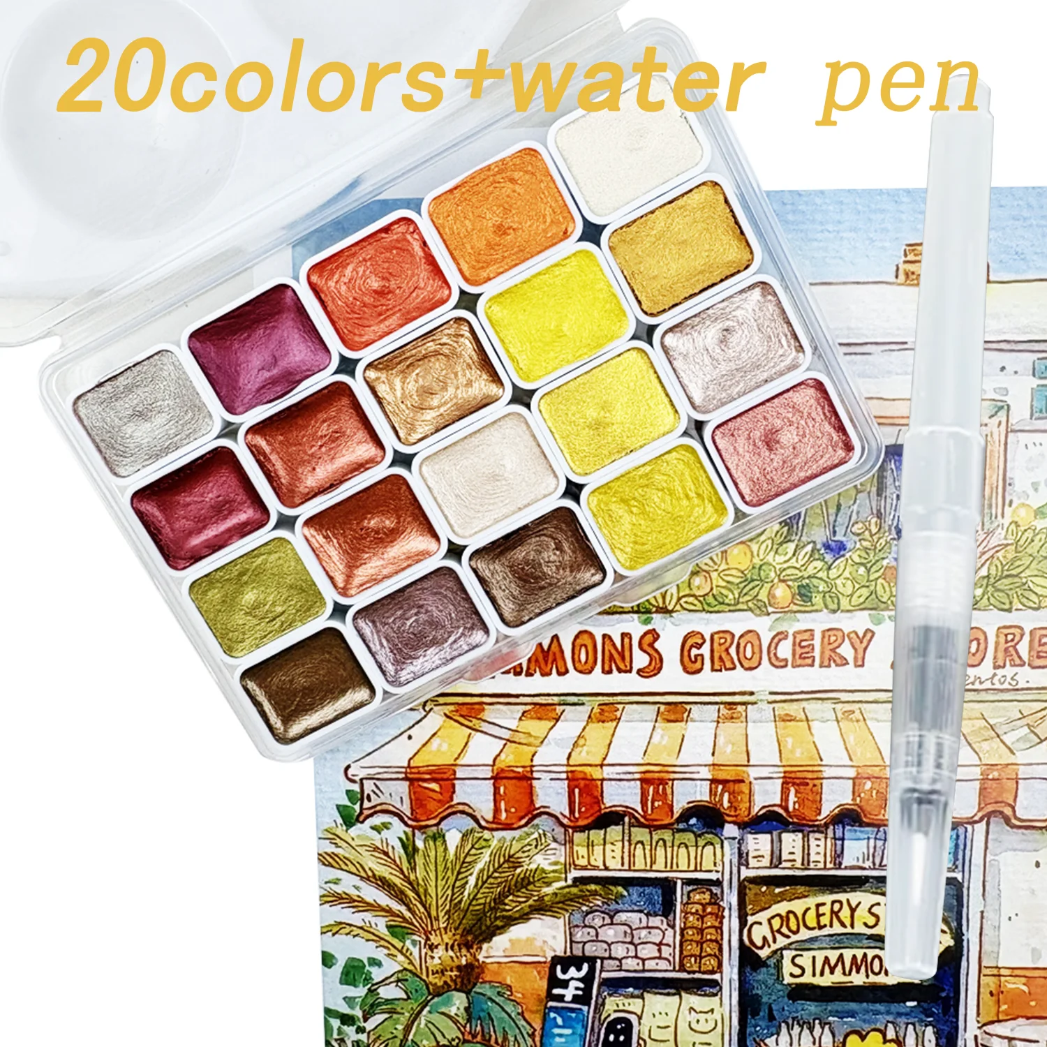 20 Colors+1 Water Pen Pearl Watercolor Mini Paint Set, Brilliant, Light-Fast Colors, Compact Solid Form, Stored in a Transparent