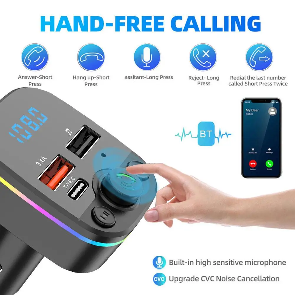 Wireless FM Radio Kit Bluetooth 5.0 Car FM Transmitter Handsfree Modulator Light Fast And Play With Ambient Colorful MP3 Ch I1L0